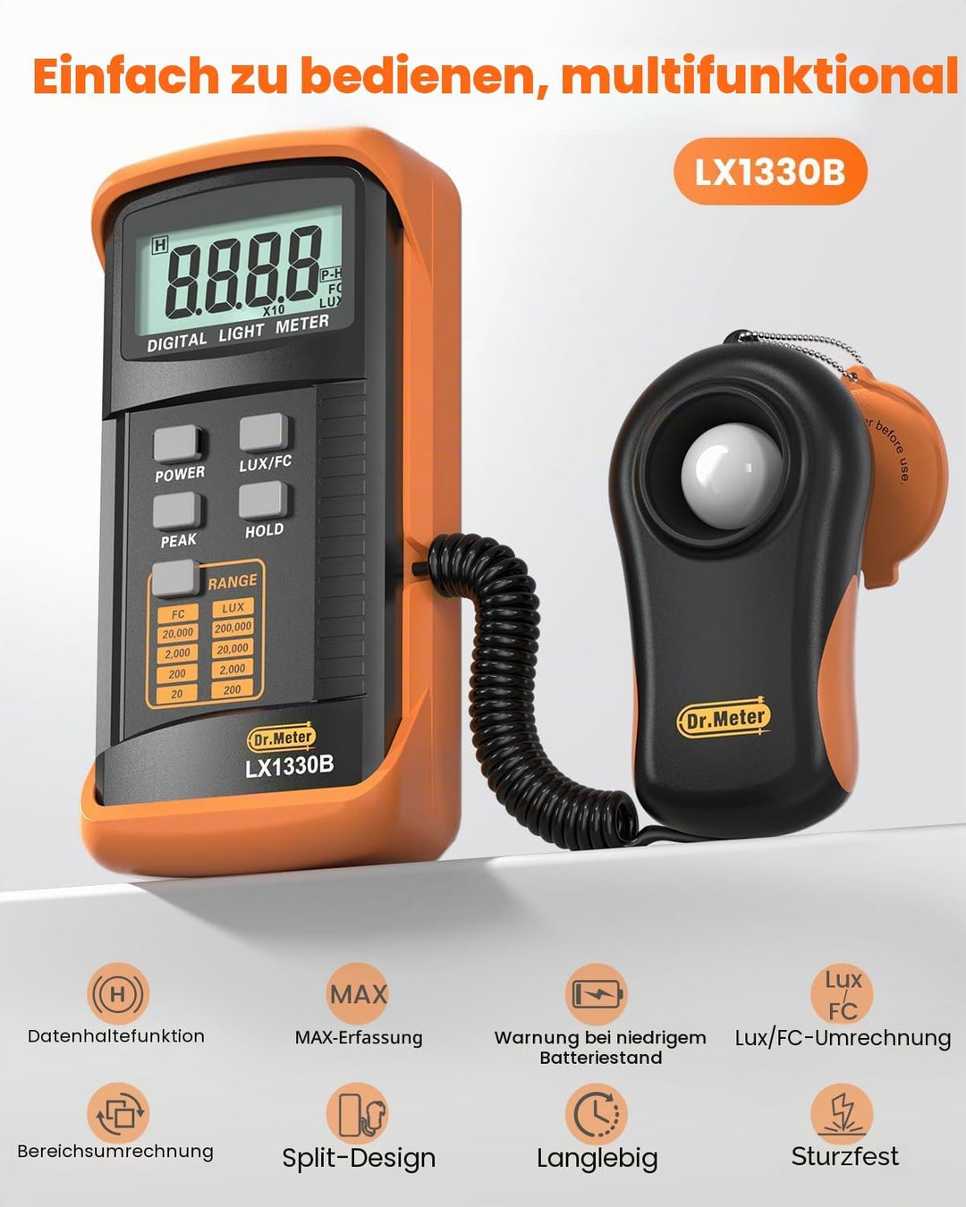 Dr.meter LX1330B Digital Luxmeter, 0-200.000 Messbereich Luxmeter mit 360° Drehbarem Sensor Beleucht