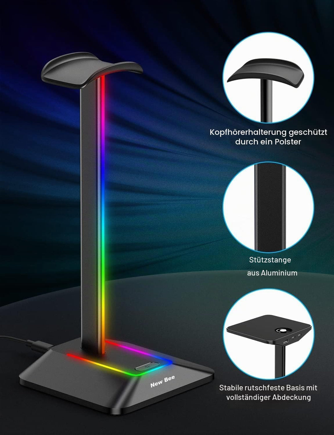 New bee RGB Kopfhörer Ständer,Gaming-Headset-ständer Headset Halterung Wireless Charge Kopfhörer Hal