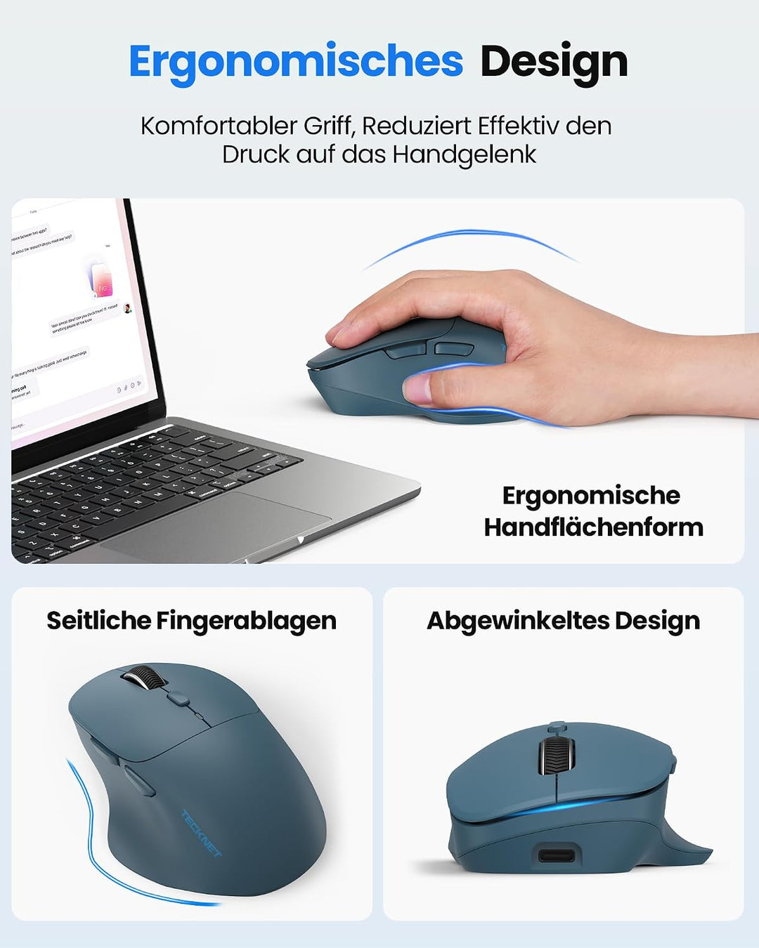 TECKNET Bluetooth Maus Wiederaufladbar, Ergonomische Daumenauflage Blau, Blau