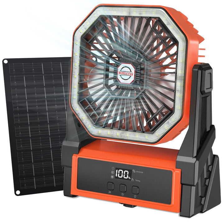 Solar Camping Ventilator mit 10W Solarpanel & Licht, Ventilator Akku 10000mAh,4-Gang USB Tischventil