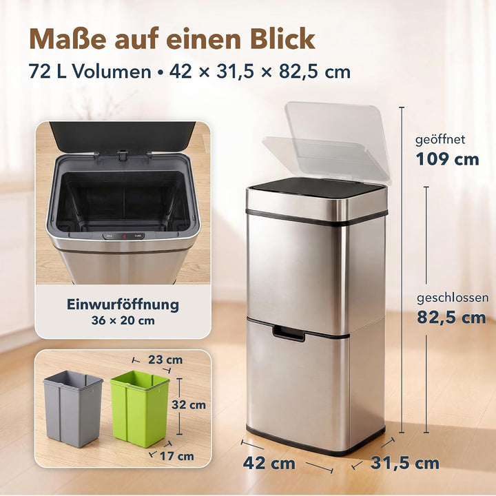 ledscom.de SORTA Sensor Mülleimer 72L, 3-Fächer Mülltrennsystem | Edelstahl, 3 Kammern: 47 L + 2×12,