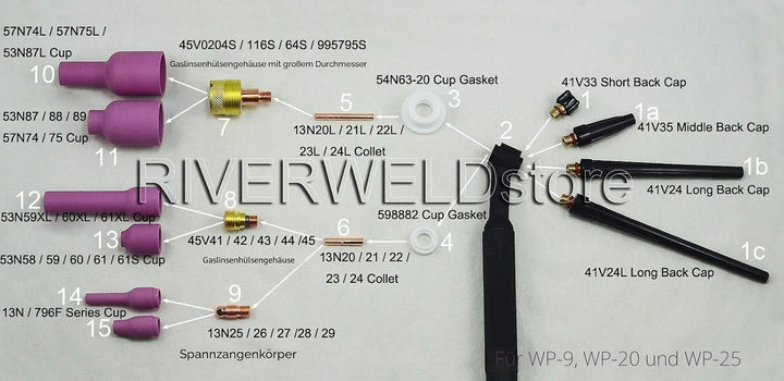 RIVERWELD WIG Spannhülsengehäuse Gasdüsen Zurück Cap sortierte Grösse der Fit DB SR WP 9 20 25 WIG S