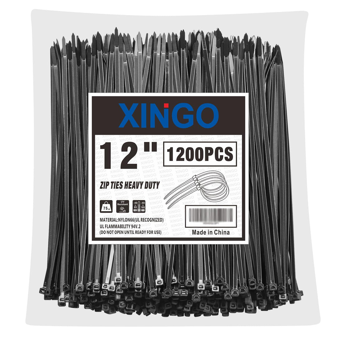 XINGO 1200 Stück Kabelbinder Schwarz, 300mm x 5.8mm, 34 kg Zugfestigkeit, UV-beständig, Selbstsicher