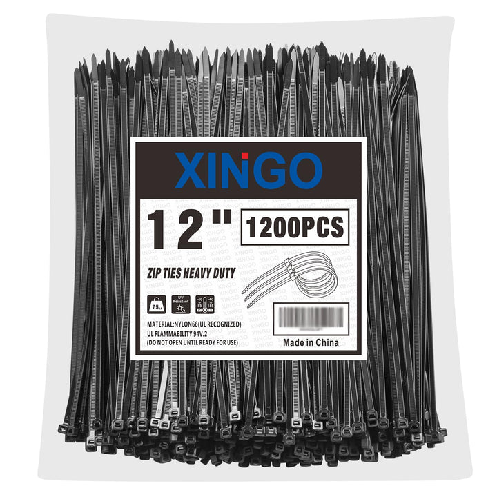 XINGO 1200 Stück Kabelbinder Schwarz, 300mm x 5.8mm, 34 kg Zugfestigkeit, UV-beständig, Selbstsicher
