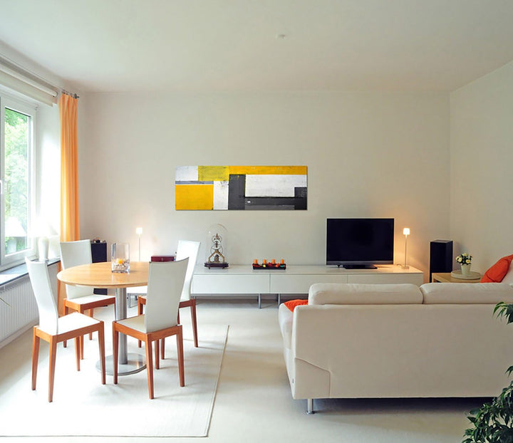 Paul Sinus Art Panoramabild auf Leinwand und Keilrahmen 150x50cm Gemälde Malerei abstrakt grau gelb