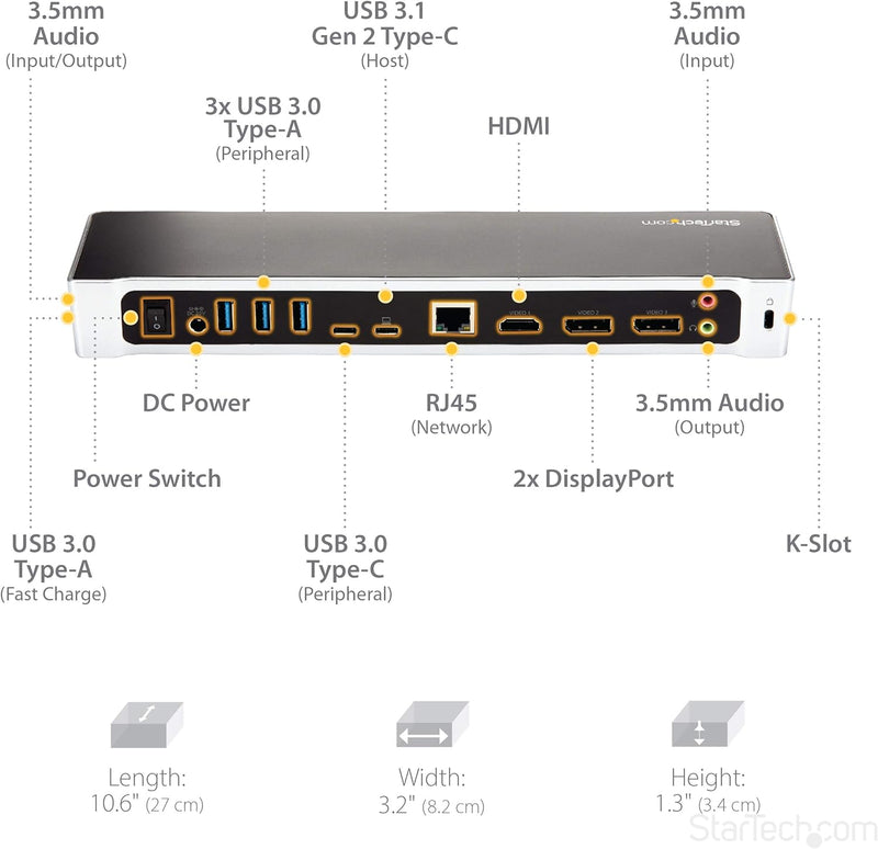 StarTech.com USB-C Dockingstation - Drei 4K Monitor Docking station mit zwei DisplayPort & HDMI - 10