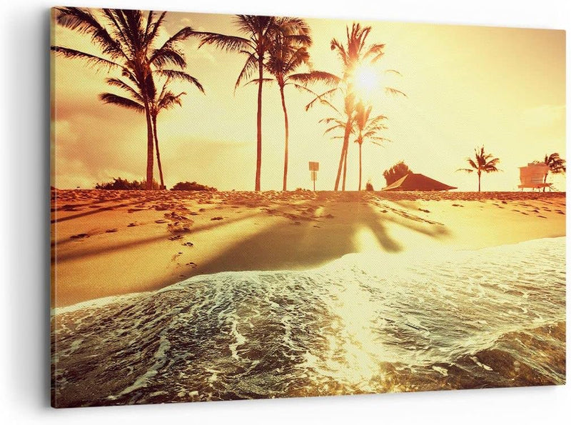 Bilder auf Leinwand 100x70cm Leinwandbild mit Rahmen Strand Meer Palme Gross Wanddeko Bild Schlafzim