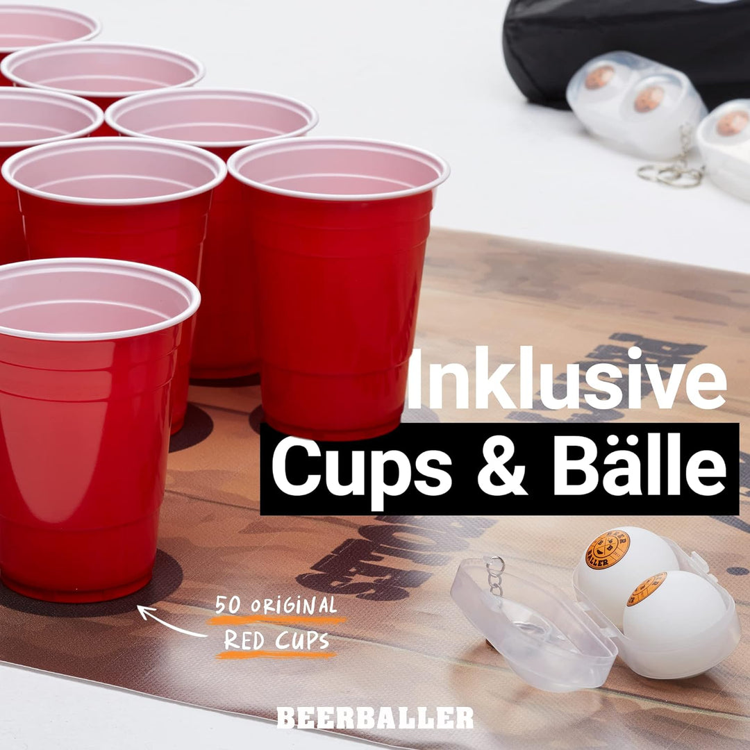 BeerBaller® Beer Pong Matte - Bierpong Set inkl. Bierpong Matte, 50 Beer Pong Becher &amp; 4 Beerpong Bä