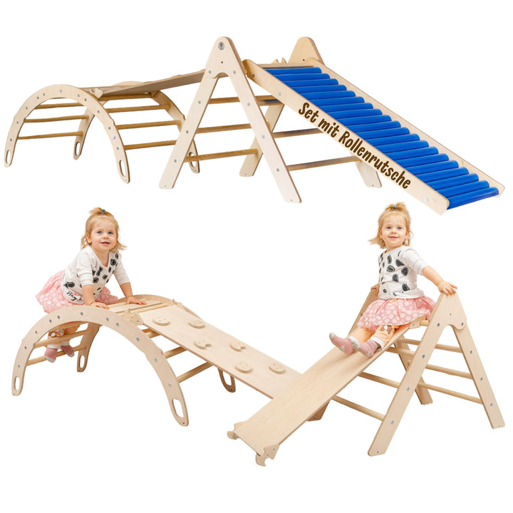 WoodsCraft 4in1 Set: Kletterdreieck mit Rutsche Indoor/Klettern Rampe, Rollenrutsche & Kletterbogen
