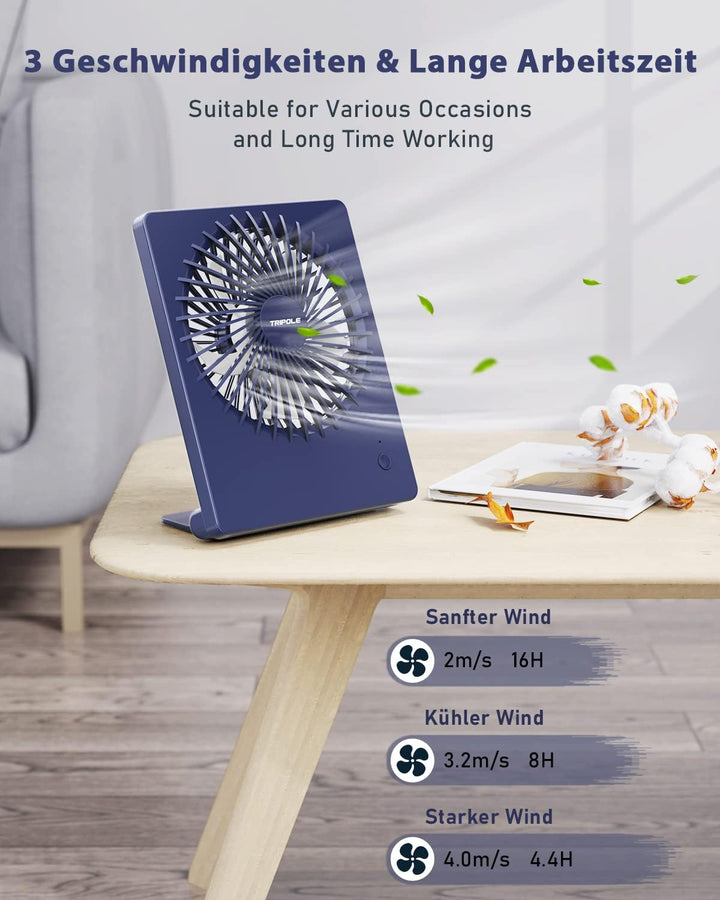 TriPole Tischventilator Leise, 2000mAh Ladefähige USB Ventilatoren Ausführen Bis zu 4-16 Std, 3 Gesc