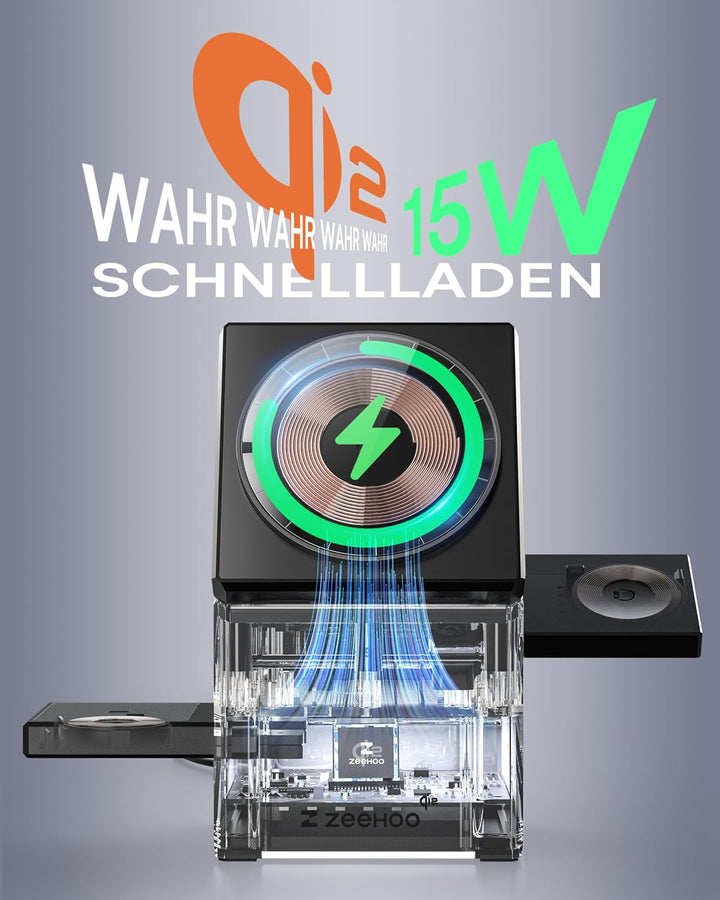 ZEEHOO Wireless Charging Station, CubeTrick-X Qi2 15W Schnellladung, kabellose Ladestation 3 in 1 mi