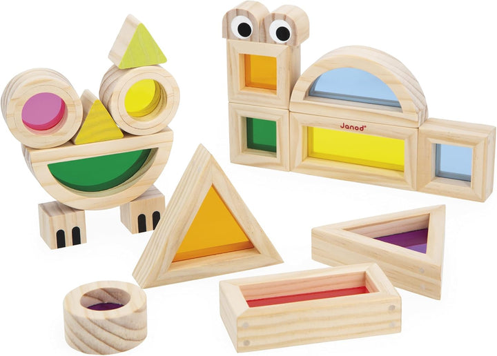 Janod J05306 Holzblock zum Zusammenbauen-Spiel zur Förderung der Sinneswahrnehmung-18 Blöcke und 6 M