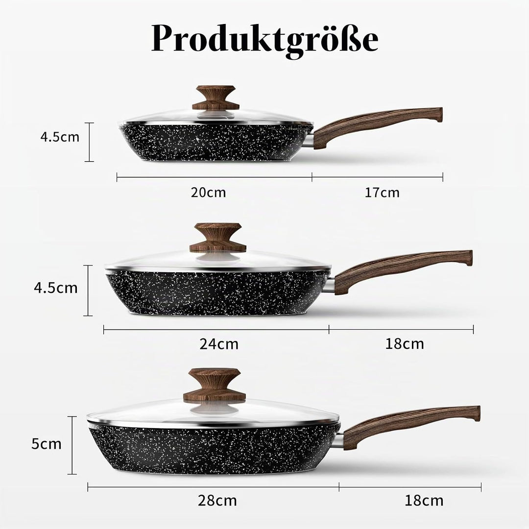 Innerwell Pfannenset - 3-teilig Antihaft-Pfannen mit Deckeln, 20+24+28 cm, Induktion Pfannen, Backof