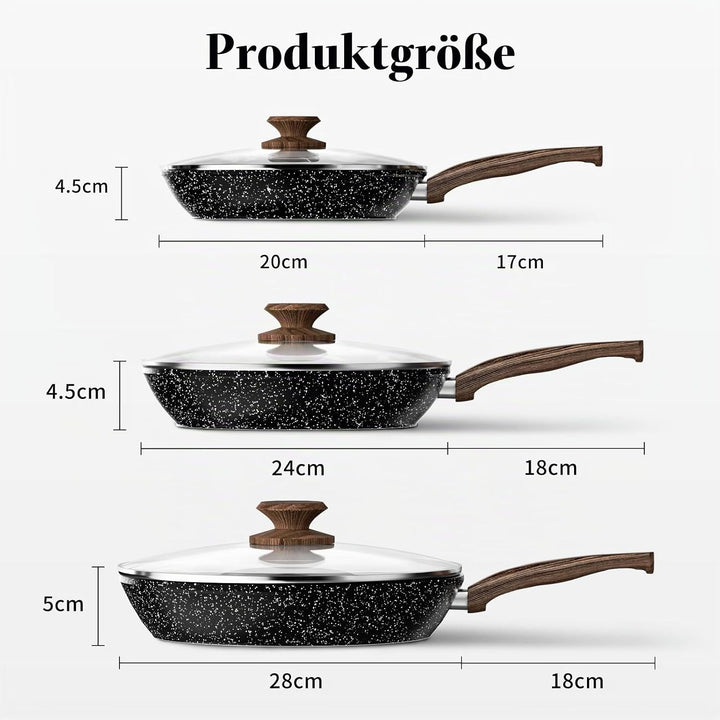 Innerwell Pfannenset - 3-teilig Antihaft-Pfannen mit Deckeln, 20+24+28 cm, Induktion Pfannen, Backof