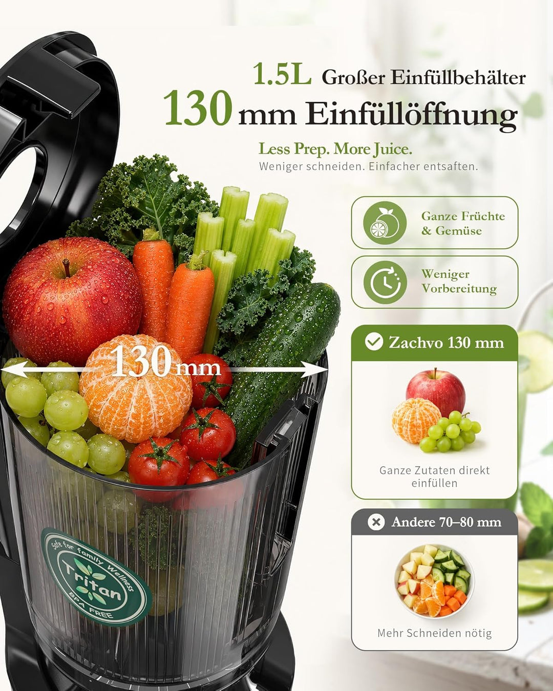 Entsafter, Slow Juicer mit 130mm Breite Fütterungsröhre für Ganze Gemüse und Obst Testsieger, 220W K