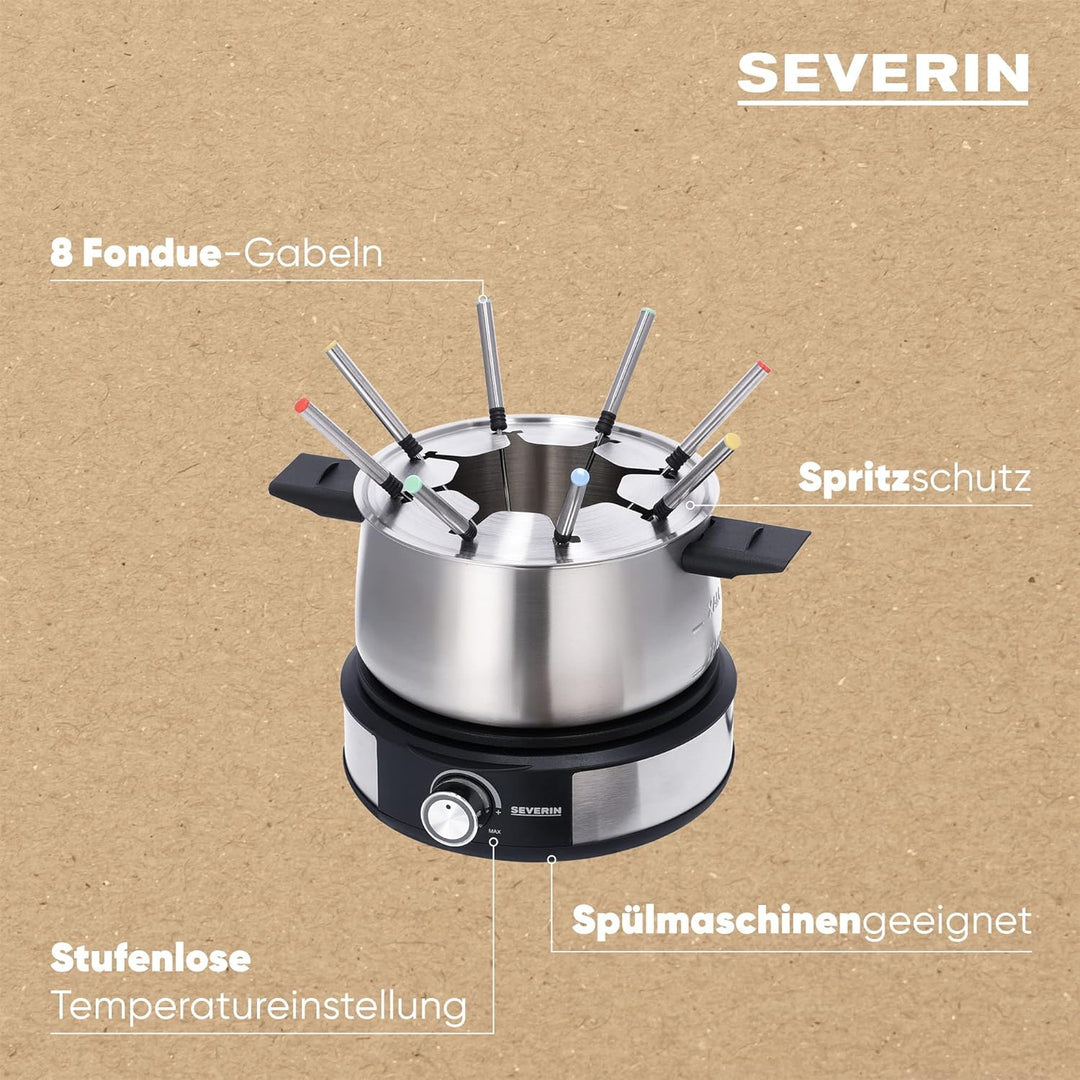 SEVERIN Fondue-Crêpes-Kombination, spülmaschinengeeignetes Fondueset mit 8 farblich markierten Gabel