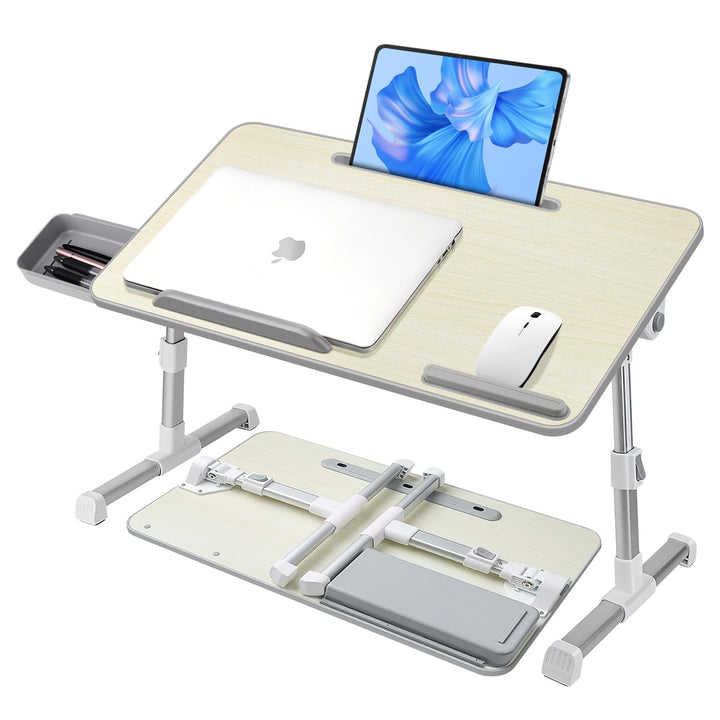 Laptoptisch fürs Bett, Höhenverstellbar, Winkelverstellbar, Betttisch Klappbar mit Schublade, Tablet
