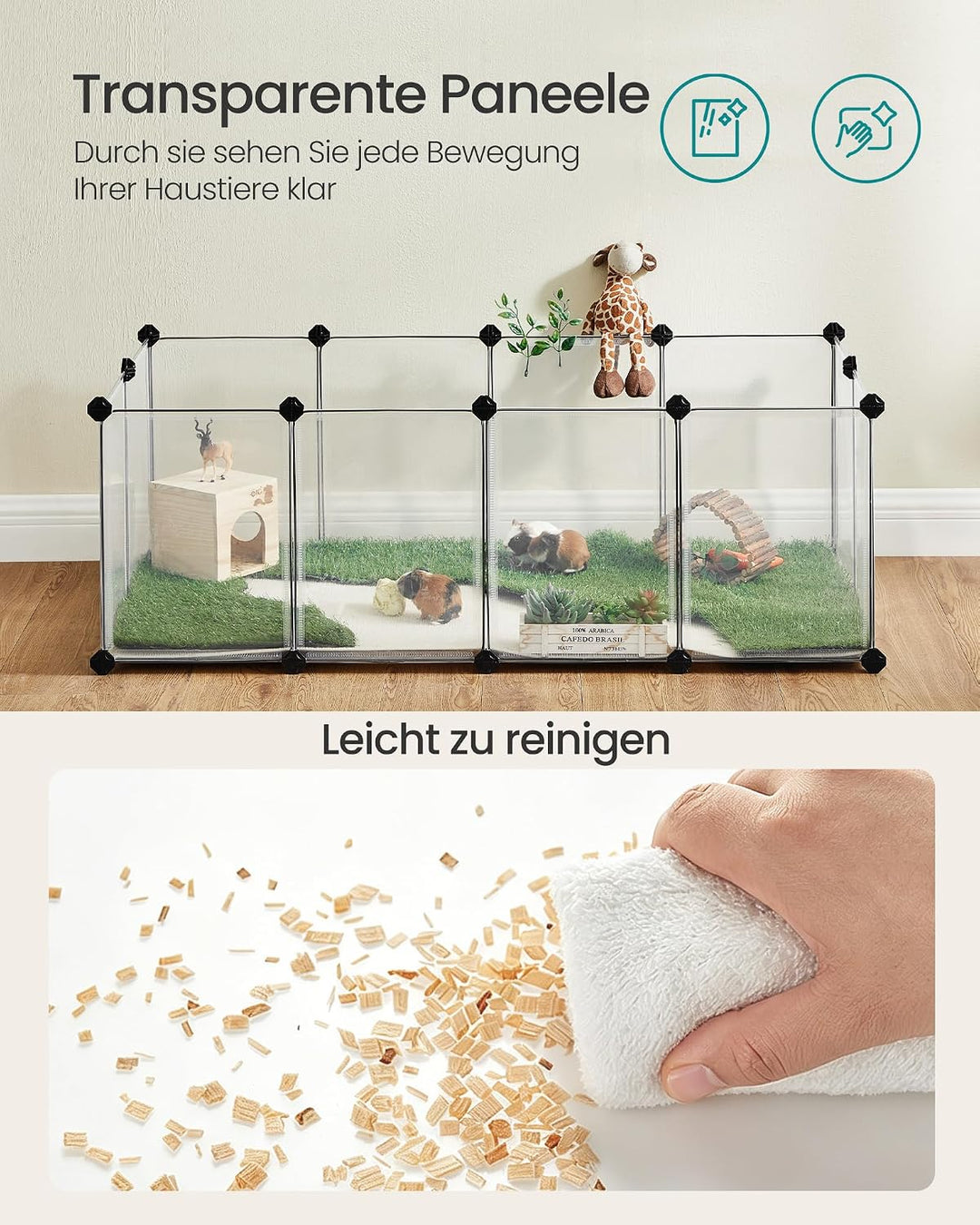 SONGMICS Freigehege mit Bodenplatten, Laufstall, Meerschweinchen Gehege, aus Kunststoff, Gehege für