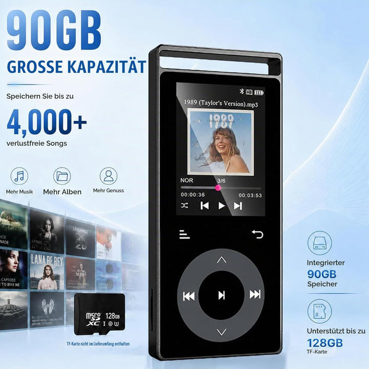 90GB MP3 Player Bluetooth 5.3, HiFi-Sound MP3-Player mit Touch-Tasten | MP3 mit Musik, Farbdisplay,