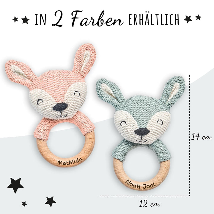 Personalisierter Beissring aus Holz für Babys - Niedlicher Greifling mit Name - Babyrassel und schön
