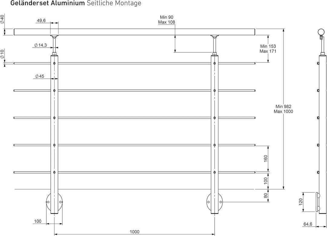 DOLLE Geländer-Set aus Aluminium mit Handlauf aus Eiche | Füllstäbe aus Edelstahl | Für seitliche Mo