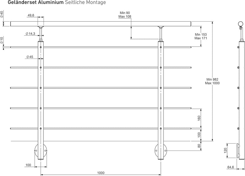 DOLLE Geländer-Set aus Aluminium mit Handlauf aus Eiche | Füllstäbe aus Edelstahl | Für seitliche Mo
