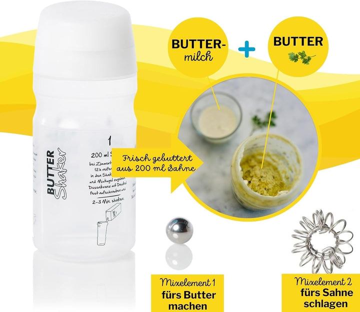 Butter machen mit dem 325ml-Butter & Sahne-Shaker (WEISS) mit Butterungskugel und Aufschäumer