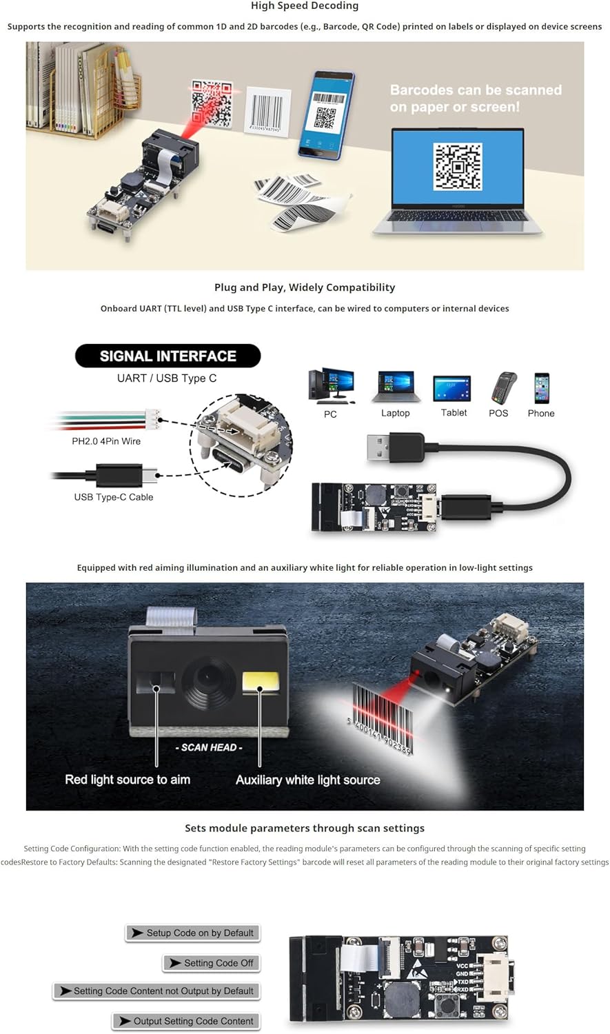 Embedded 1D 2D Barcode Scanner Module, QR Code Reader with USB Type-C &amp; TTL UART Interface, Fast Dec