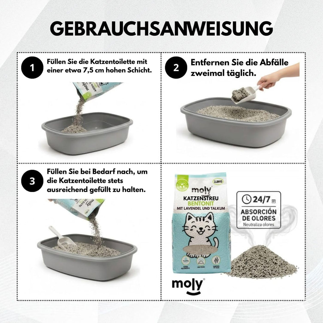 MOLY 2 x Bentonit-Katzenstreu mit Aktivkohle, 5,6 kg, 7,4 l, hohe Saugfähigkeit, mit Lavendel- und T