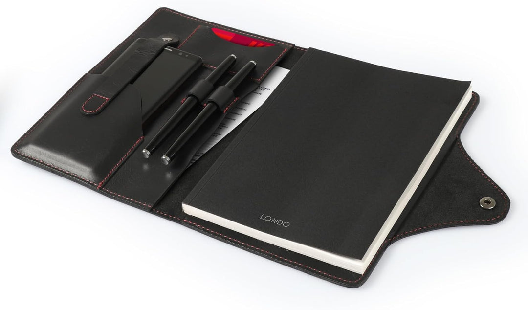 Londo Echtleder Schreibmappe Konferenzmappe mit Notizblock Notizblock und Schloss Schwarz L, Schwarz