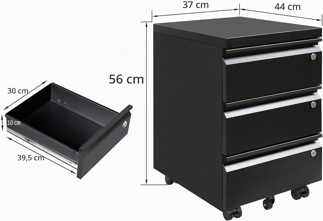 LVSTEEL Rollcontainer mit 3 Schubladen, Aktenschrank, Büroschrank aus Metall, Aktenschrank unter Sch
