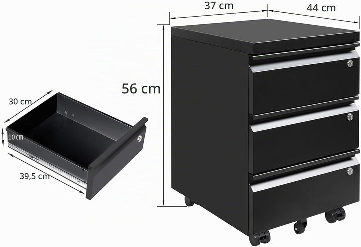 LVSTEEL Rollcontainer mit 3 Schubladen, Aktenschrank, Büroschrank aus Metall, Aktenschrank unter Sch