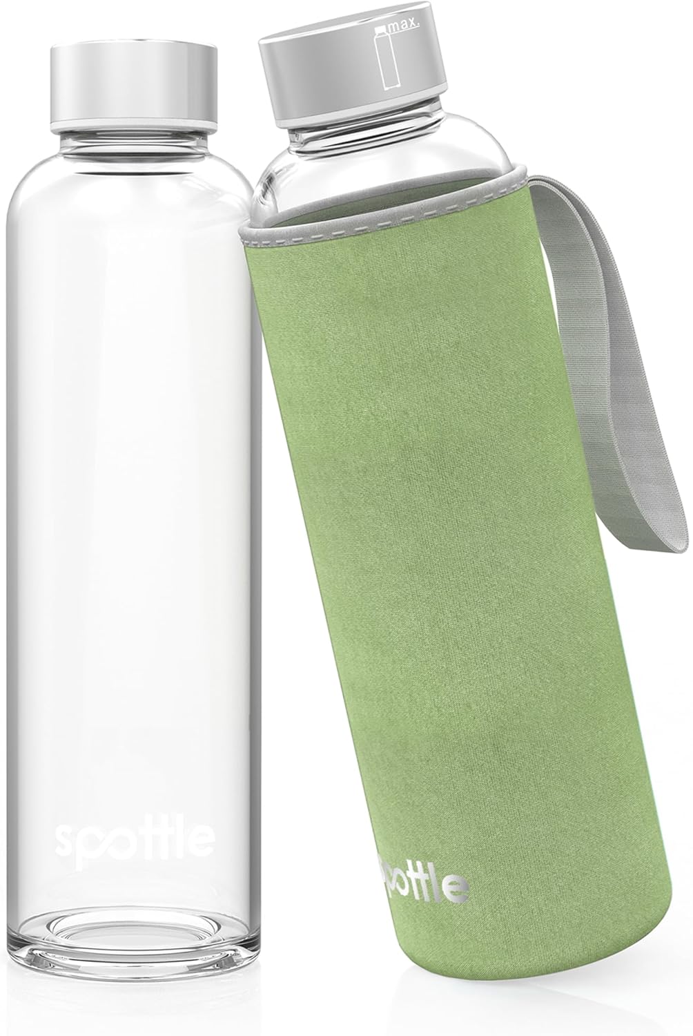 spottle Glasflasche 500ml, 750ml & 1L [KOHLENSÄURE GEEIGNET] - Trinkflasche aus Glas 1 Liter mit Sch