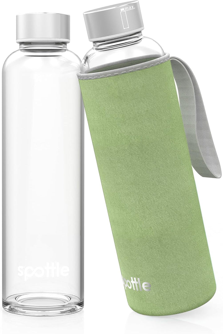 spottle Glasflasche 500ml, 750ml & 1L [KOHLENSÄURE GEEIGNET] - Trinkflasche aus Glas 1 Liter mit Sch