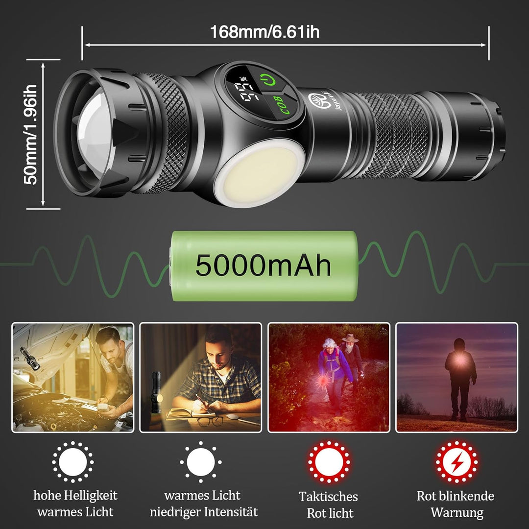 Jayxinli Taschenlampe 500000 Lumen mit Magnet, LED Taschenlampe Usb Aufladbar, Extrem Helle Taschenl