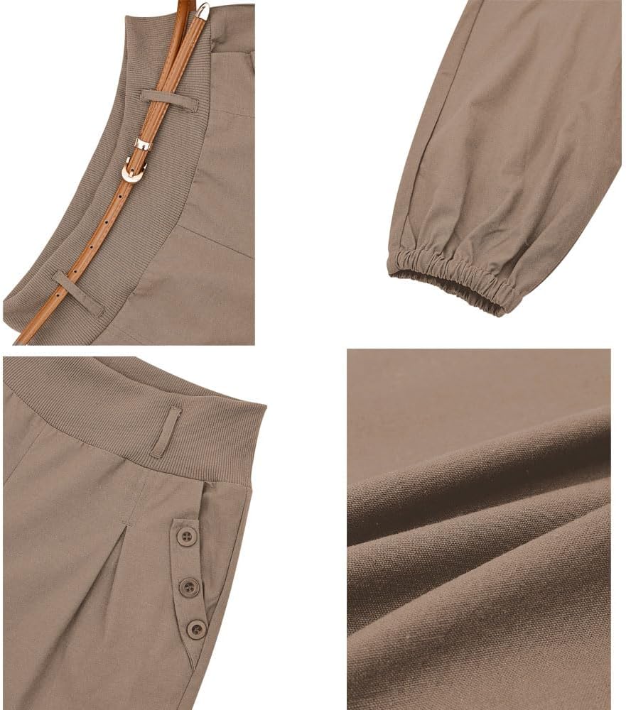 Cindeyar Damen Haremshose Elegant Pumphose Lange Leinen Hose mit Gürtel Aladin Pants S Khaki, S Khak