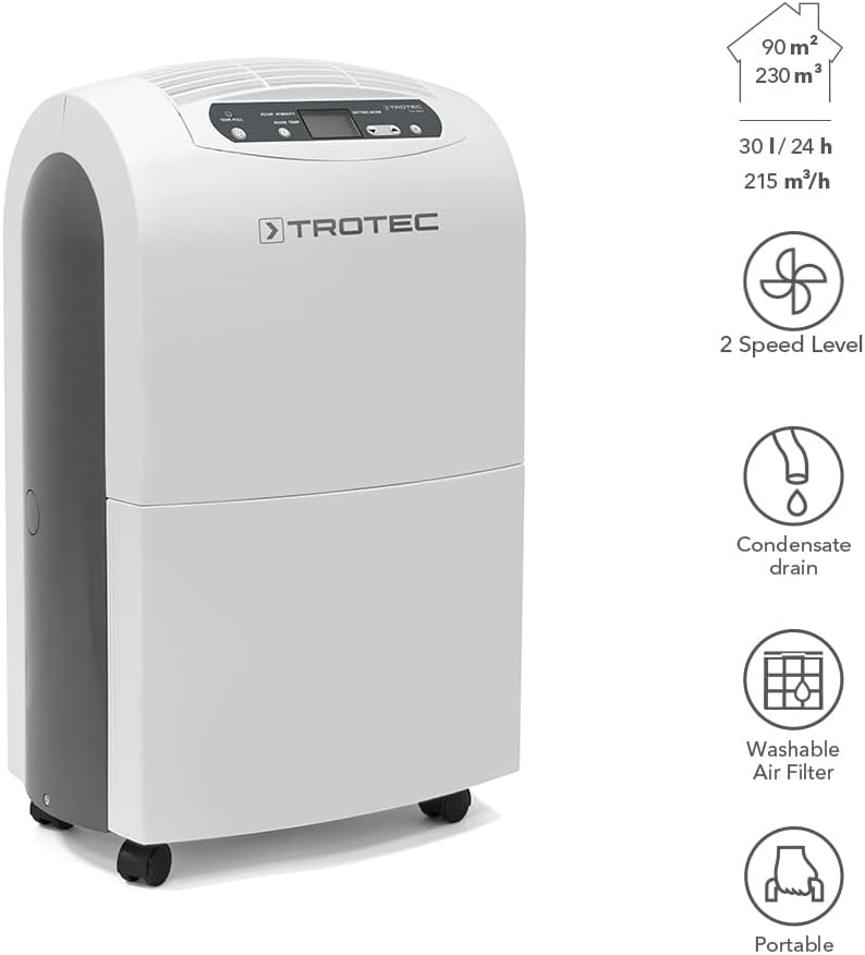 TROTEC Elektrischer Luftentfeuchter TTK 100 E – Entfeuchtungsleistung 30 L/24h, für Räume bis 90 m²