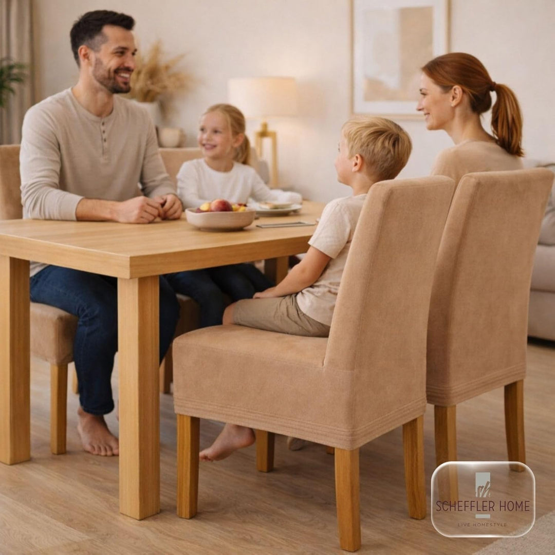 SCHEFFLER-Home Stuhlhussen 6er Set Leon Beige/elastische Wildleder Hussen für Stühle/Robustes Freisc