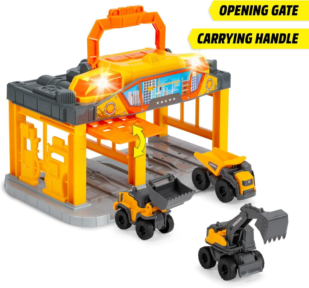 Dickie Toys - Micro Construction Auto-Station für Kinder ab 3 Jahre (25 cm) mit 3 Volvo Baustellenfa