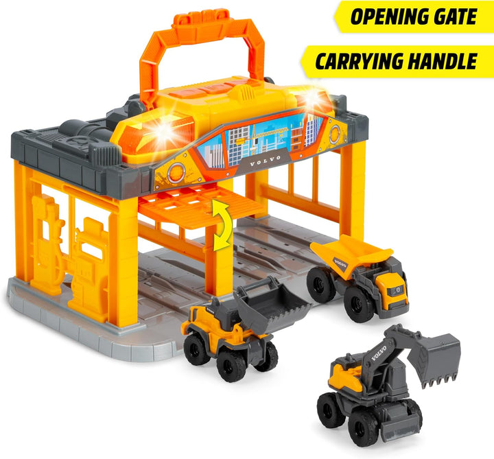 Dickie Toys - Micro Construction Auto-Station für Kinder ab 3 Jahre (25 cm) mit 3 Volvo Baustellenfa