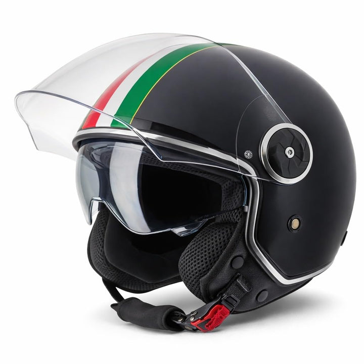 VINZ Neiva Jethelm mit Doppelvisier | Roller Helm mit Italienische Flagge &amp; mit Sonnenblende | In Gr