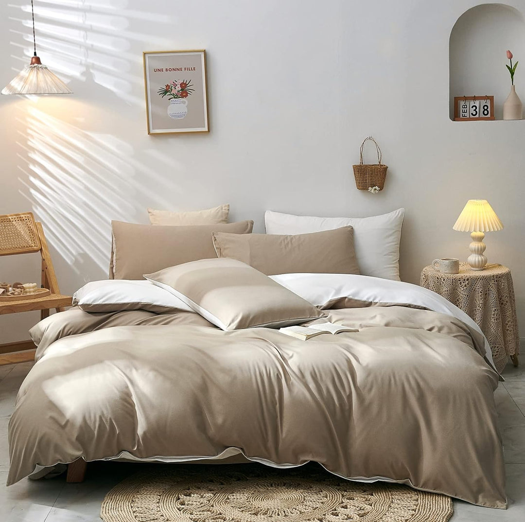 Damier Bettwäsche 155×220cm Beige Weiss Superweiches Microfaser Bettbezug Set 2 Teilig Wendebettwäsc