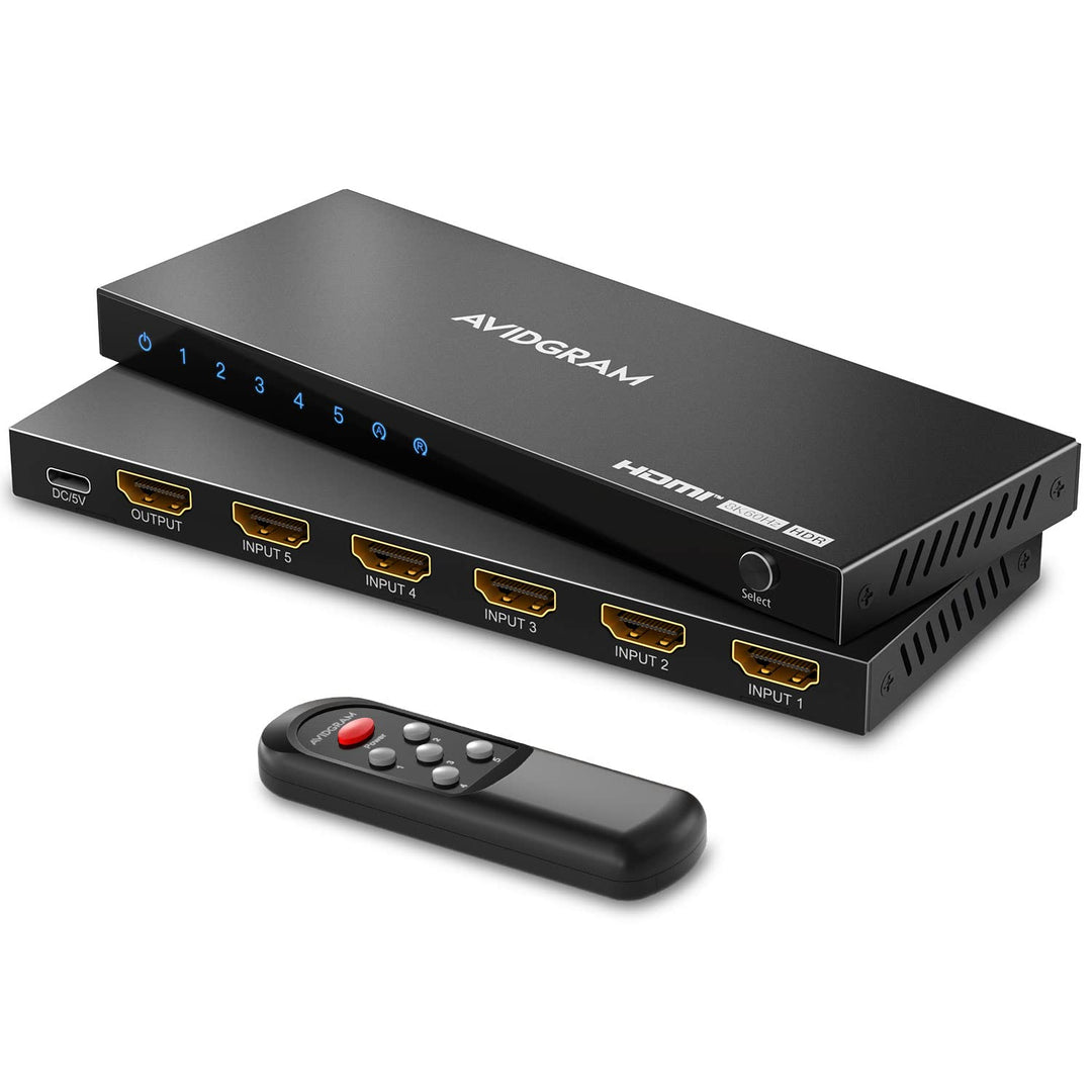 HDMI 2.1 Switch 4K 120Hz, AVIDGRAM 8K HDMI Umschalter 5 In 1 Out mit IR-Fernbedienung, Selector Swit