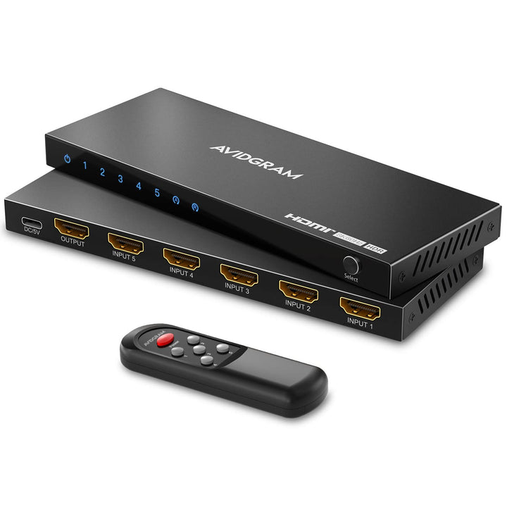 HDMI 2.1 Switch 4K 120Hz, AVIDGRAM 8K HDMI Umschalter 5 In 1 Out mit IR-Fernbedienung, Selector Swit