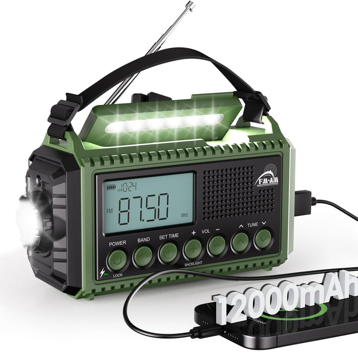 AM/FM/SW Kurbelradio mit 12000mAh Akku Wiederaufladbare, Tragbare Camping Radio mit Taschenlampe &amp; L