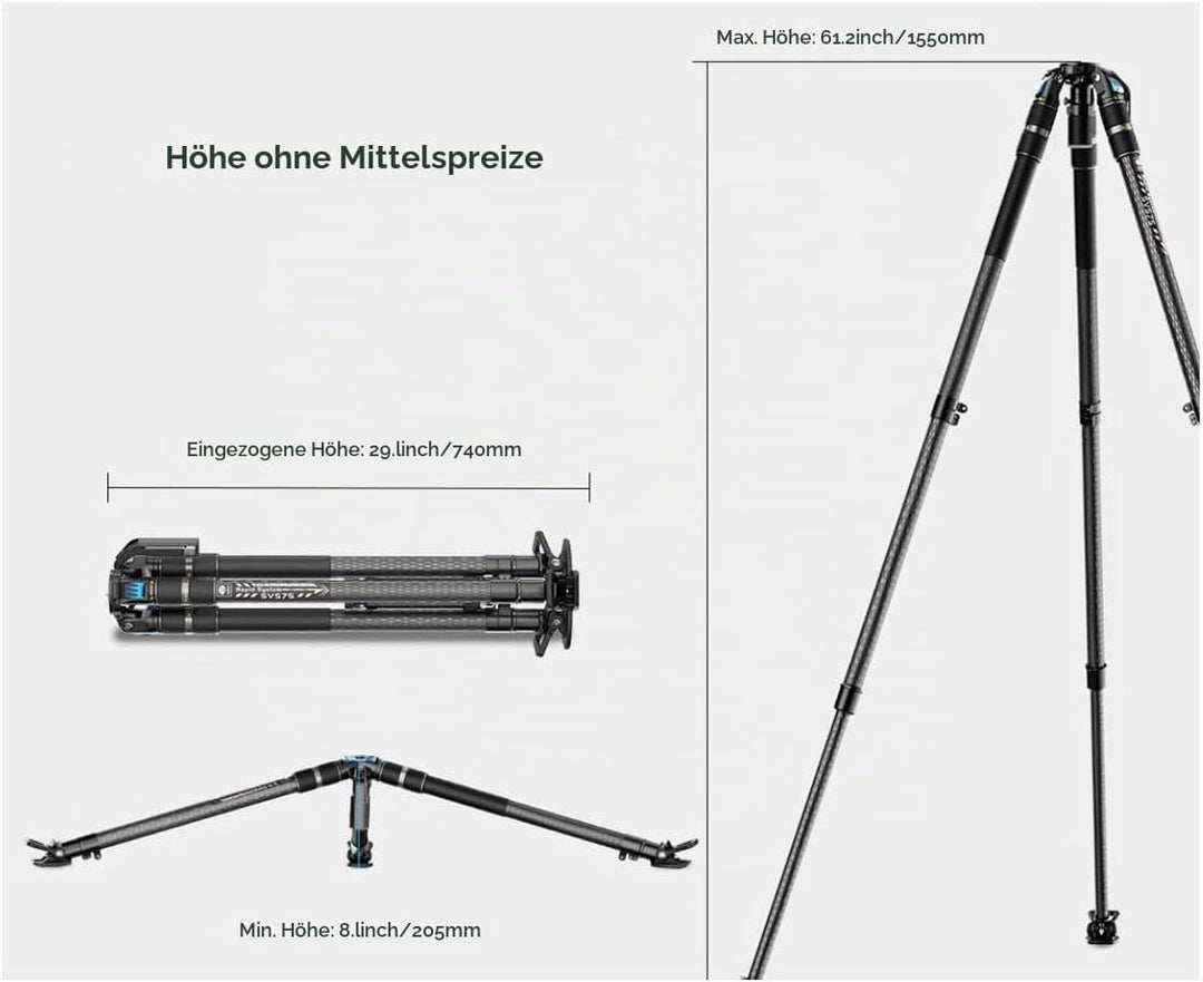 SIRUI SVS75 Rapid System Videostativ, Carbonfaser Stativ mit SVH15 Fluidkopf, EIN-Schritt-Höhenverst