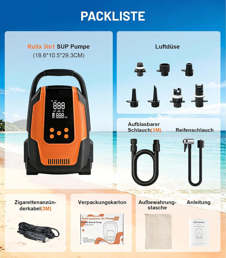 SUP Pumpe Elektrisch, 50PSI 3in1 Elektrische SUP Luftpumpe 12V DC Autoanschluss mit Inflation Auto-O