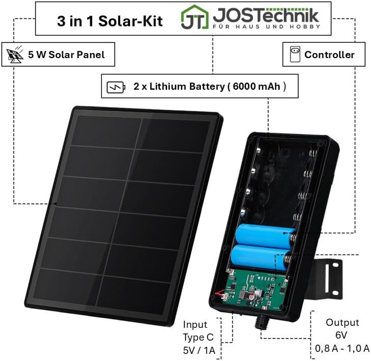 Solarpanel 5W mit Integrierten und Austauschbaren Lithium Akku 6V 6000 mAh, Laderegler und Spannungs