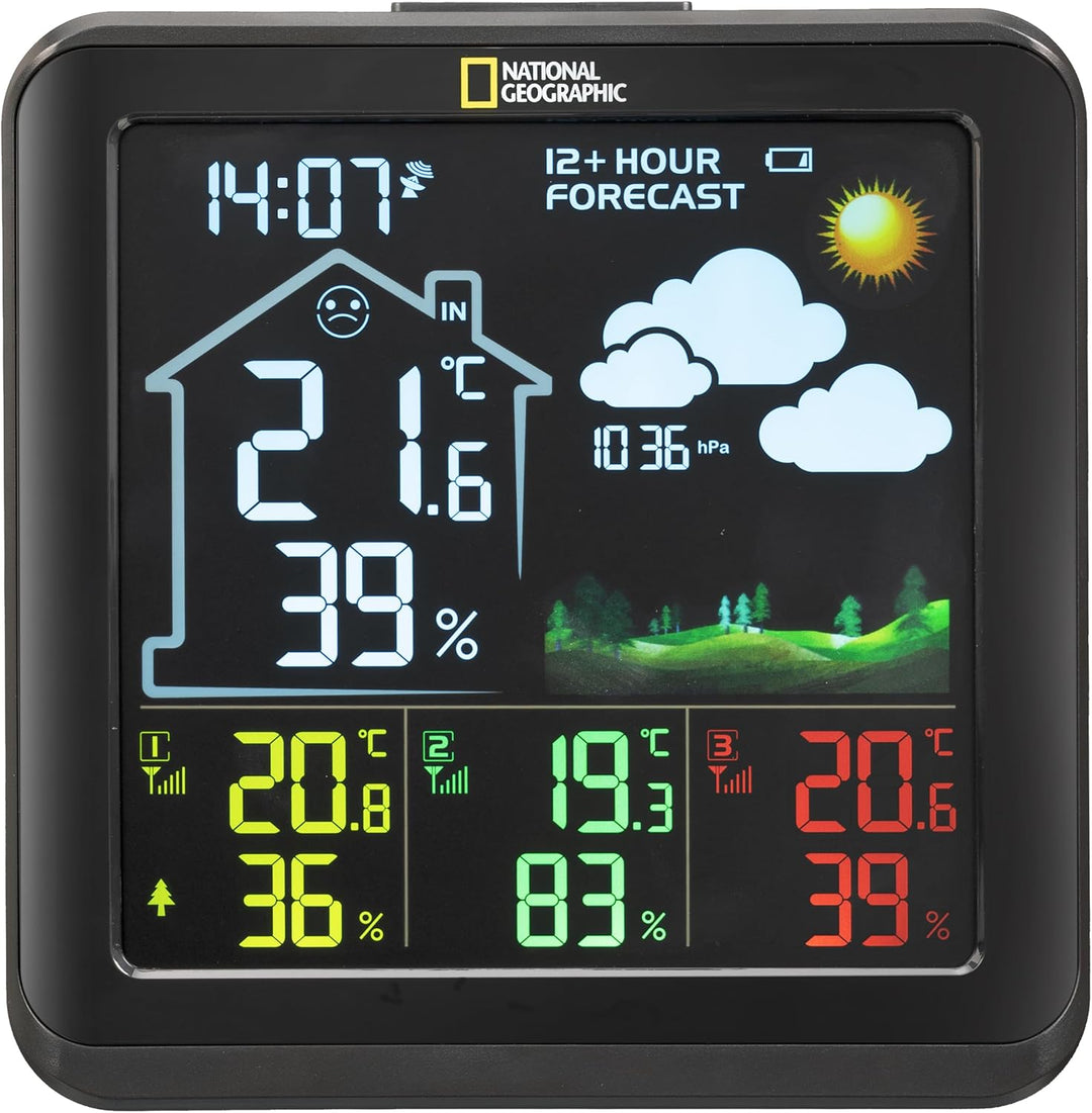 National Geographic 9070710 Wetterstation Funk mit Aussensensor VA Farb-Wetterstation mit 4 Messbere