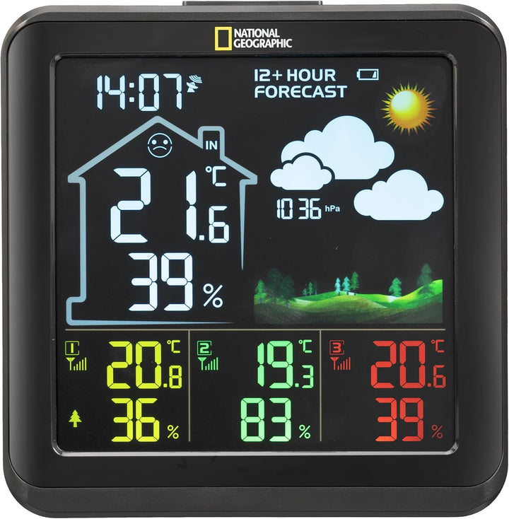 National Geographic 9070710 Wetterstation Funk mit Aussensensor VA Farb-Wetterstation mit 4 Messbere